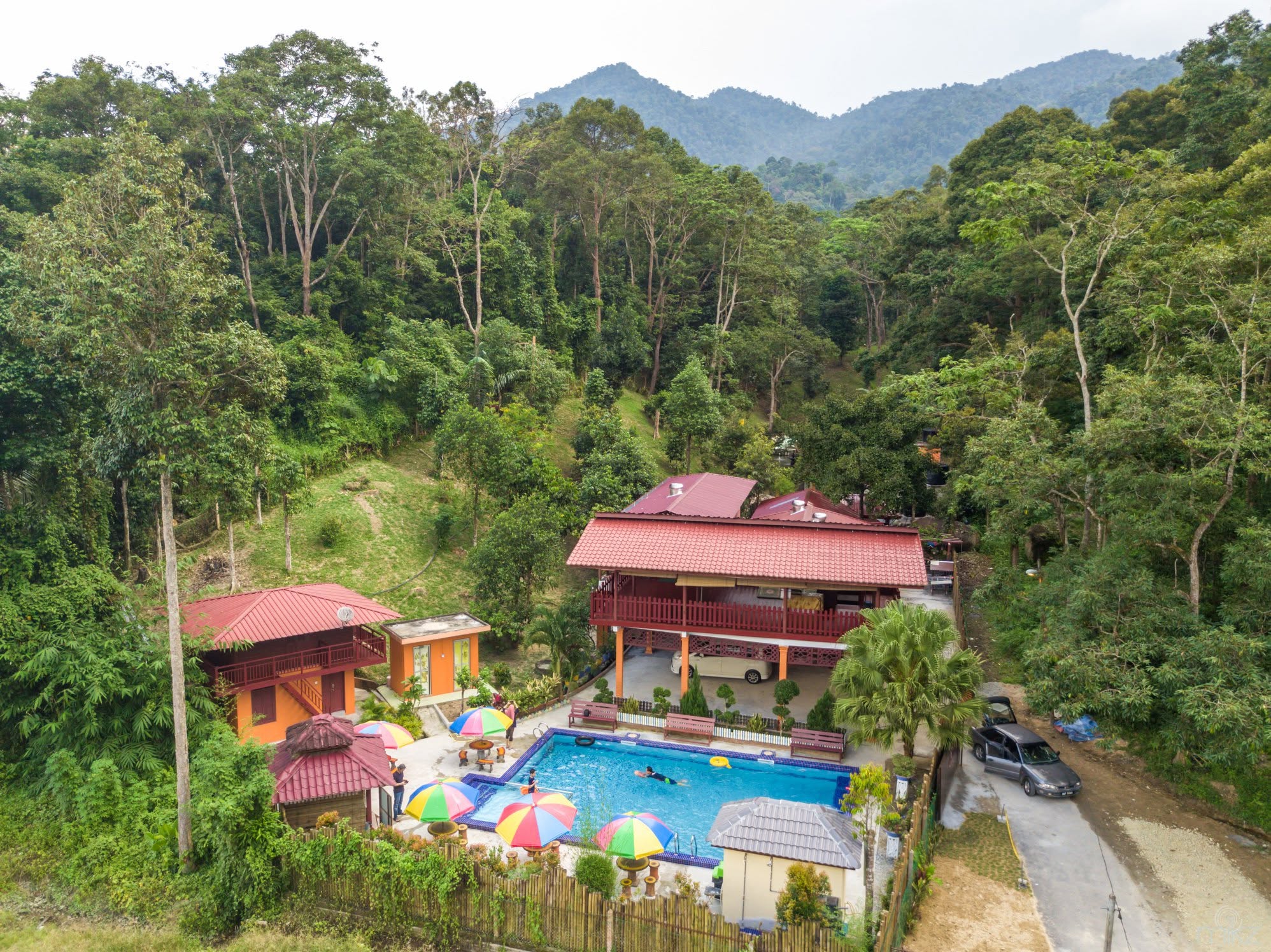 Aerial view of DFahMy Eco Resort surrounded by forest